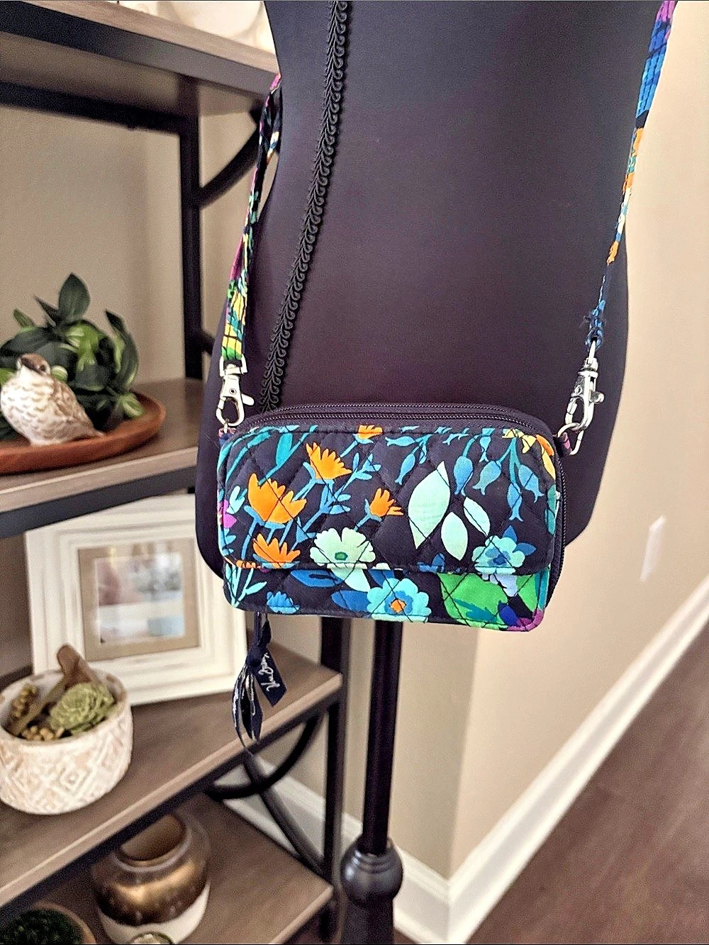 Vera Bradley Iconic RFID All-In-One Crossbody Blue & Green Midnight Garden print